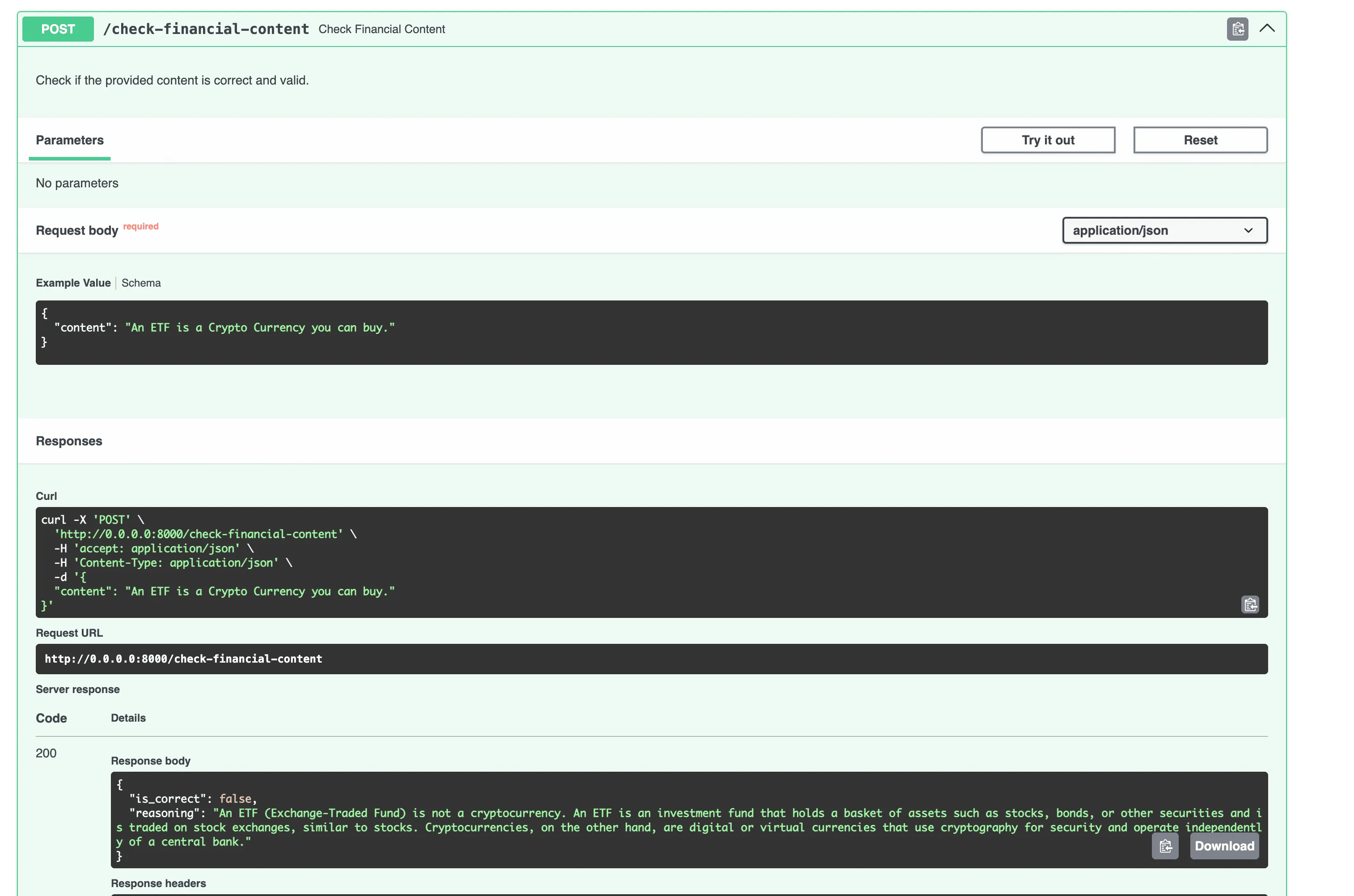 Testing the API using Swagger (/docs)